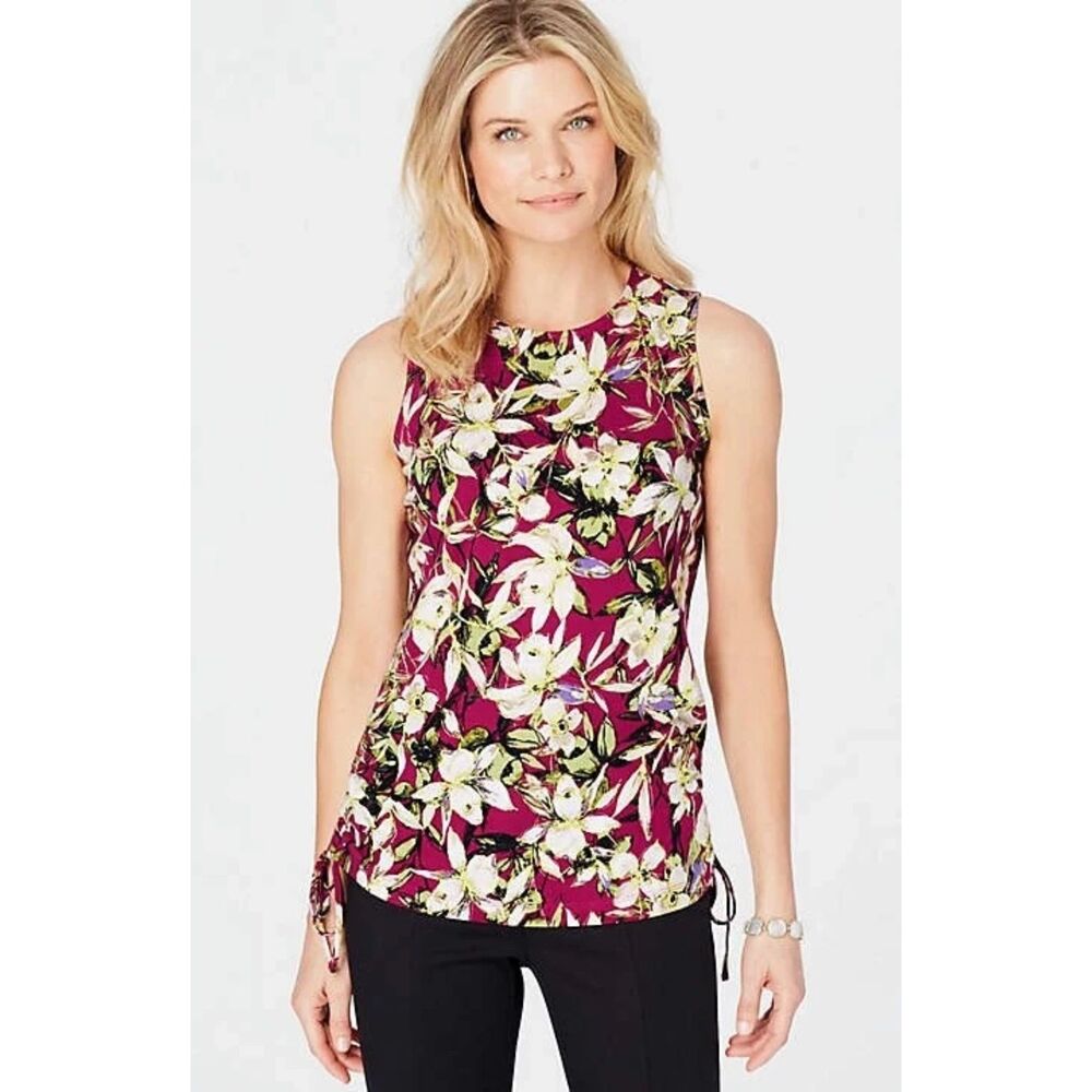 J. Jill Side Tie Top Large Petite Fuchsia Painterly Tropical Sleeveless Knit